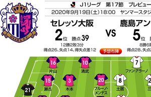 「J1プレビュー」9/19　C大阪－鹿島「6連勝vs5連勝の真っ向勝負!」の画像